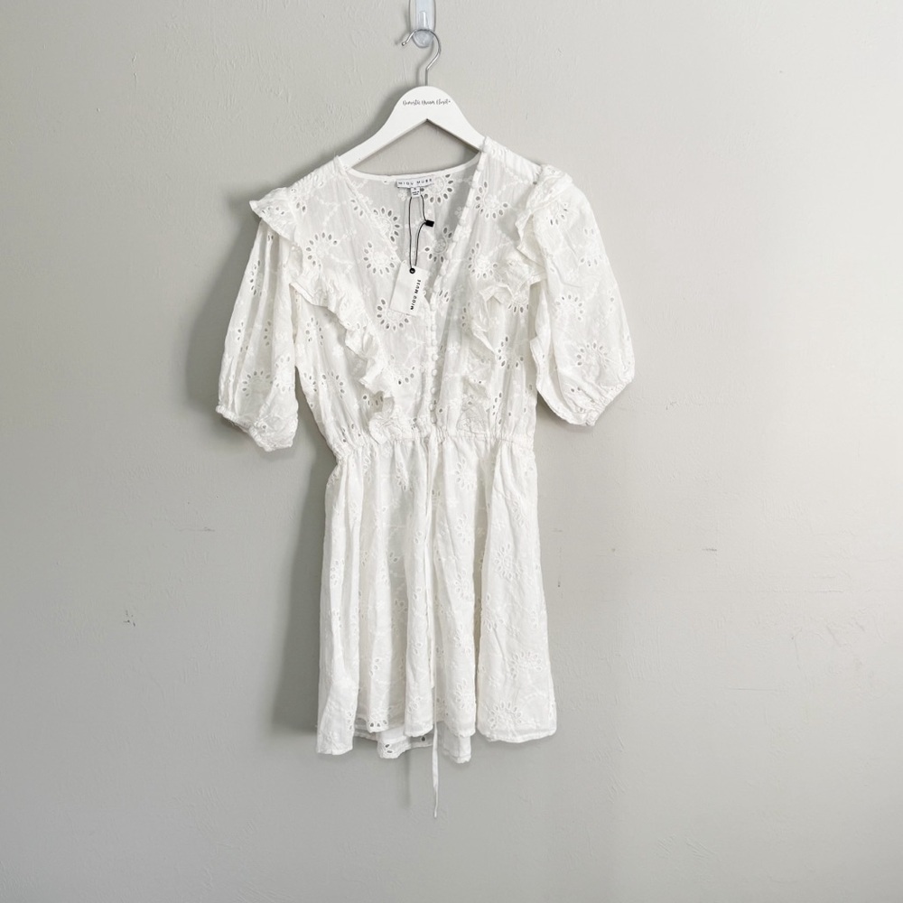 New MIOU MUSE VICI Women’s White Eyelet Ruffle FLORENCE Dress Puff Sleeve Sz S - Picture 2 of 10